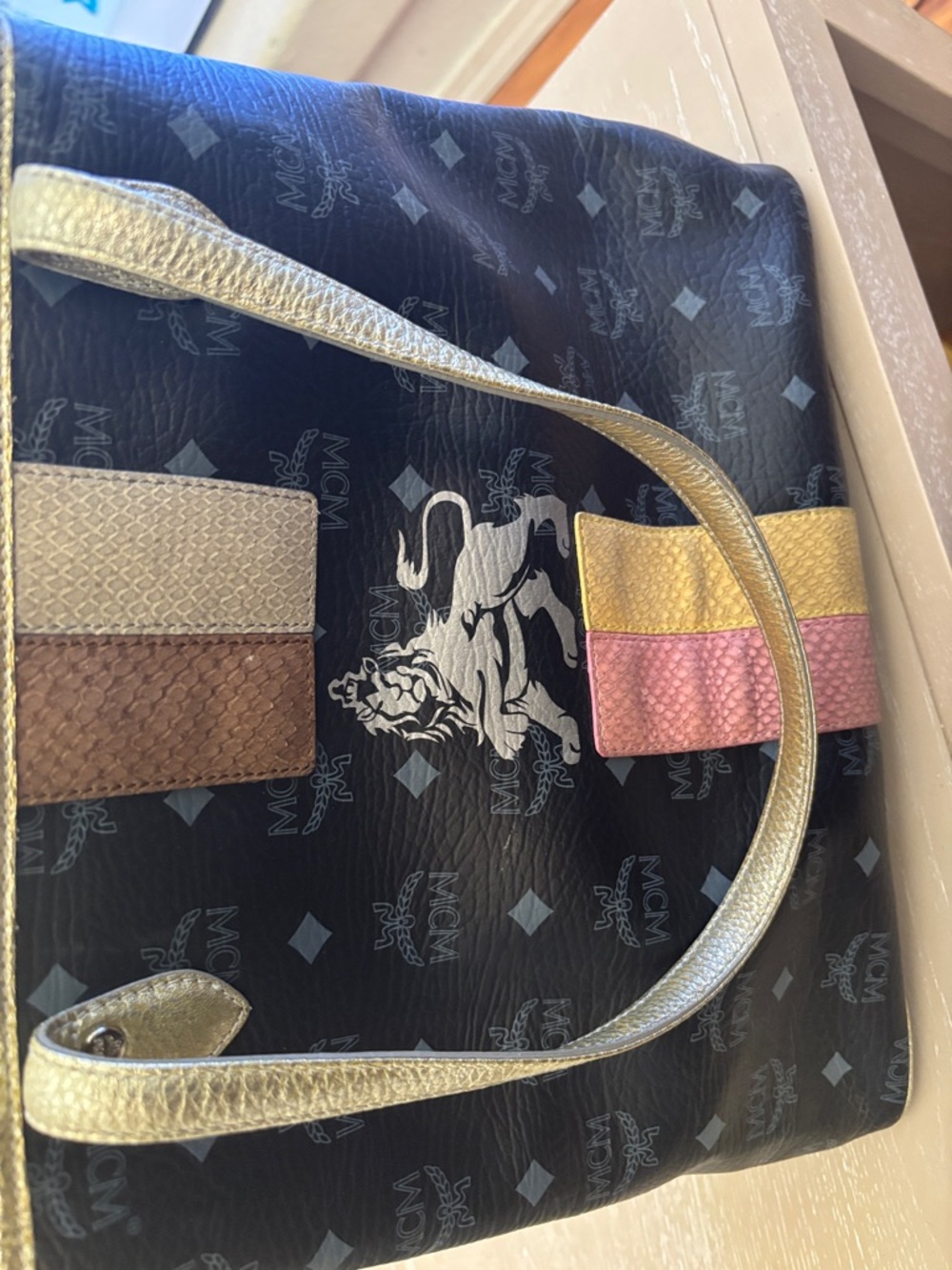 MCM Black Logo Shoulder Bag with Gold Straps and Multicolor Tabs SALE TODAY